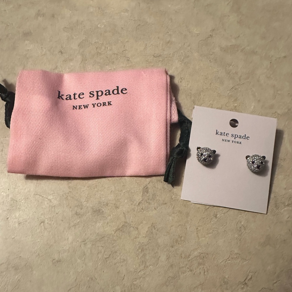 kate spade Silver Crystal Polar Bear Stud Earrings and pink jewelry pouch
